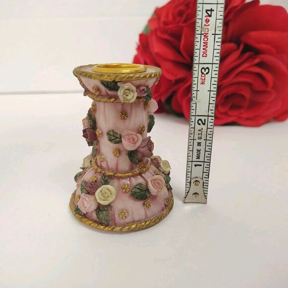 Vintage Pink Floral Mini Candle Holder Shabby Chic Roses Gold Accents... - Picture 6 of 6